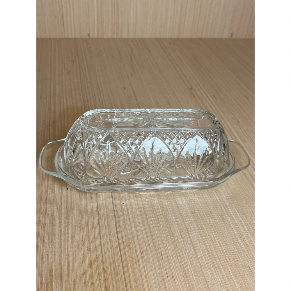Vintage Clear Pressed Glass Butter Dish w/Lid Starburst Diamond Pattern USA MCM